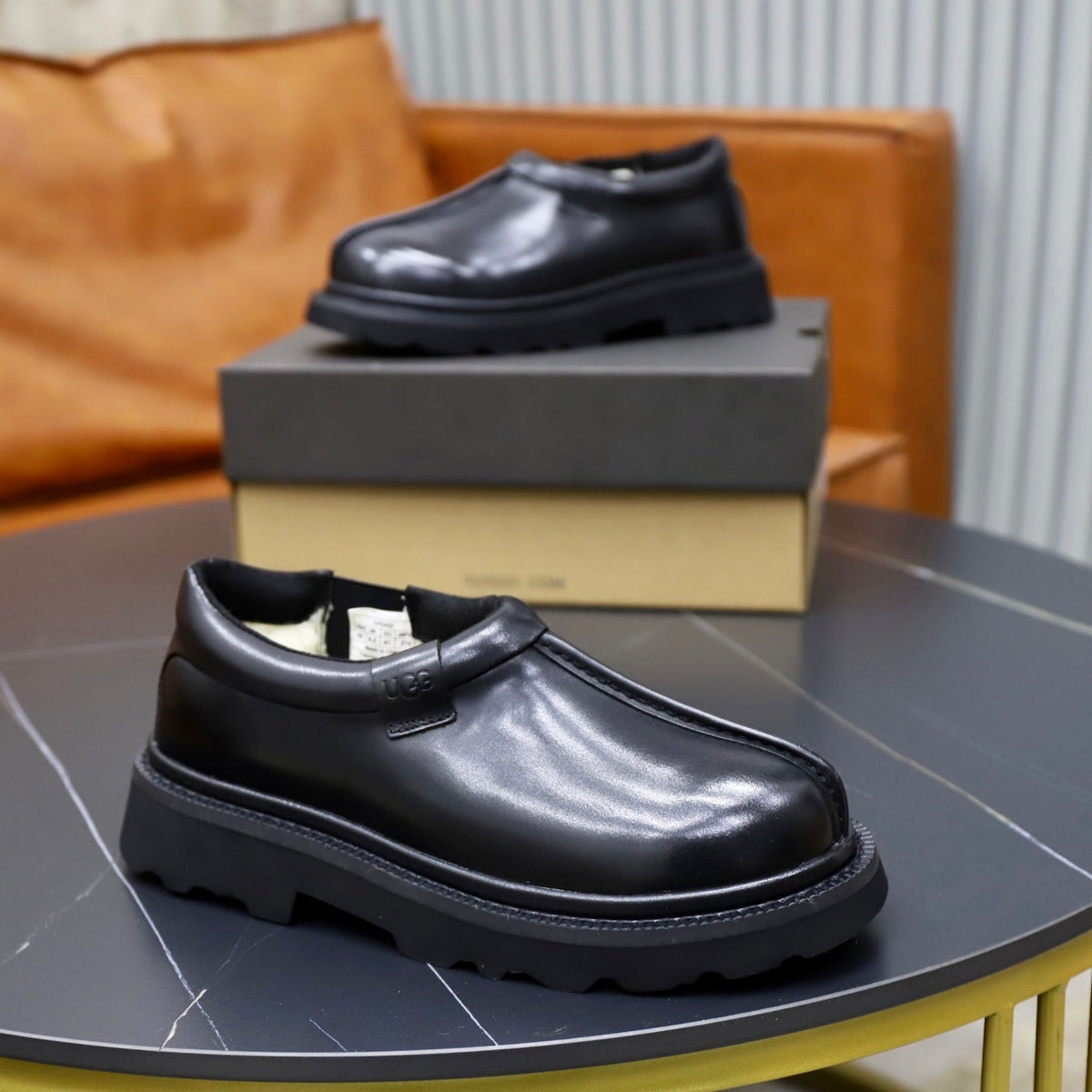 UGG Black Leather Slip-On Casual Shoes